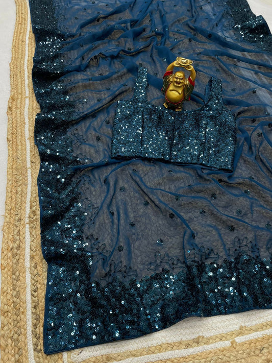 Attractive Teal Blue Colored Sequins Work Back Patch Support Lace Border Saree