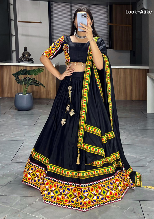 Stunning Black Color Gamthi Work Broad And Patch Work Chaniya Choli For Women