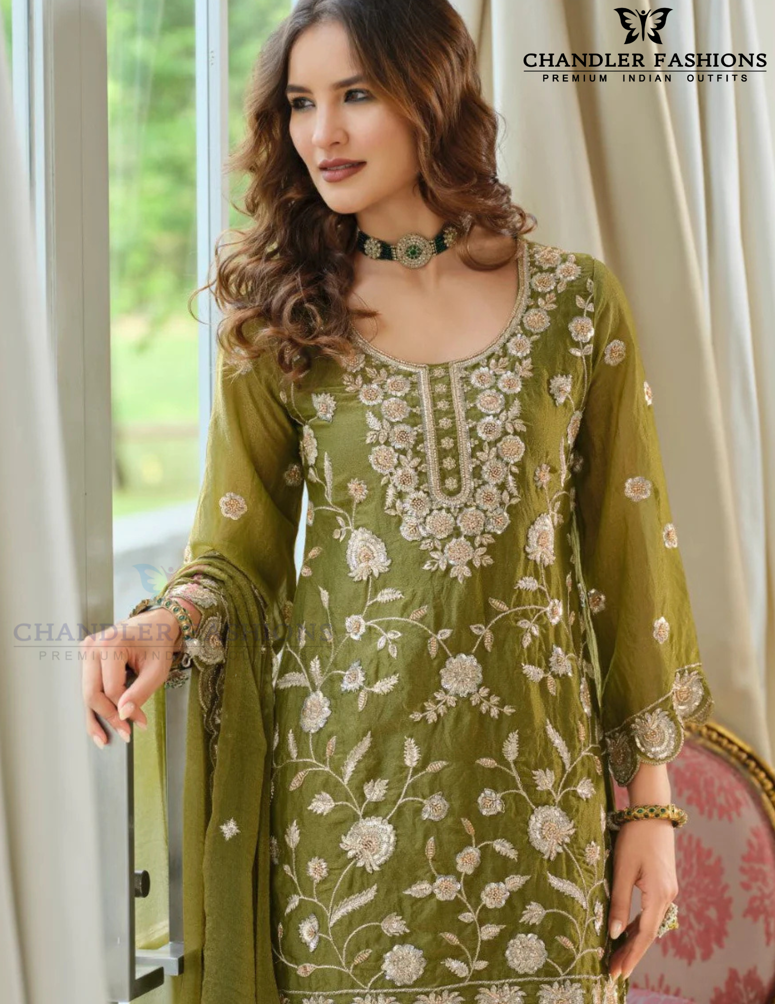 Green Color Moss Silk With Embroidery Work Palazzo Suits In USA