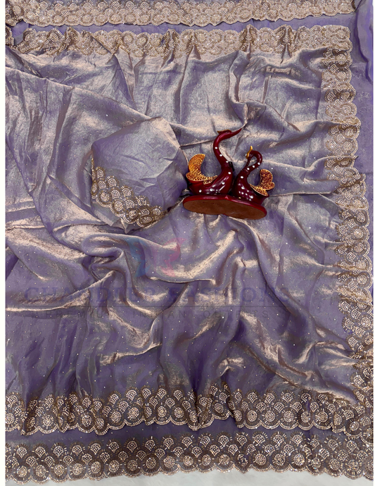 Fascinating Lavender Color Space Silk With Jarkhan Diamond Work Saree For Women