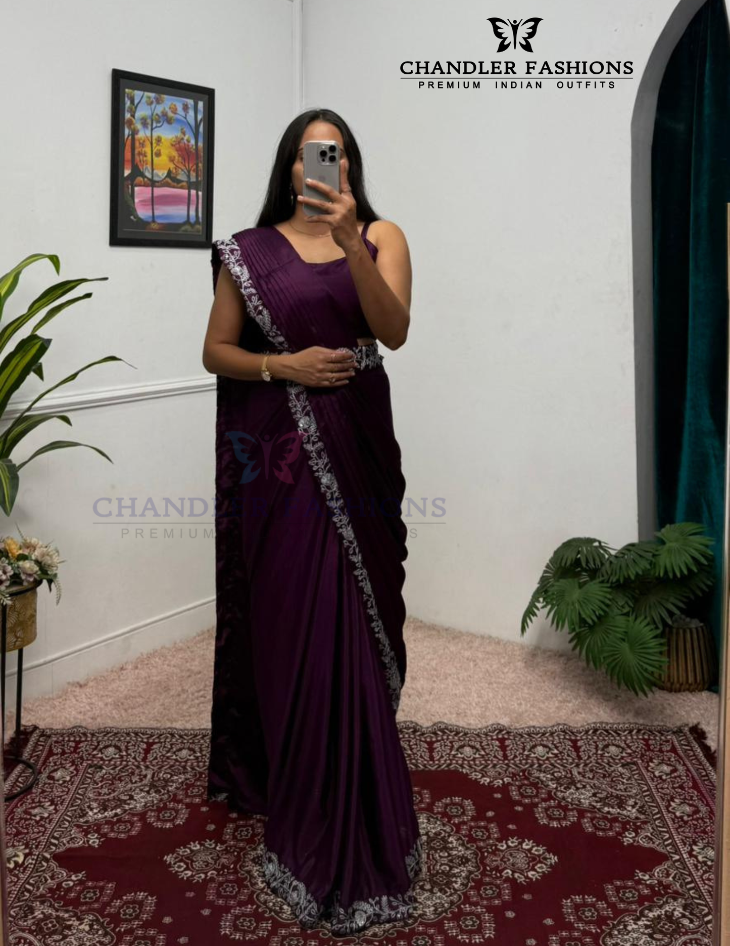 Amazing Wine Color Heavy Embroidery Work Ready To Wear Saree Near Me