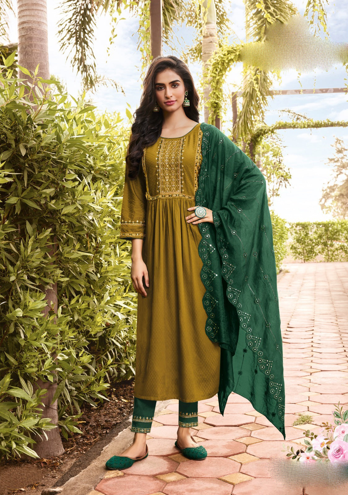 Stunning Mehendi Green Color Designer Rayon Salwar Suits With Dupatta