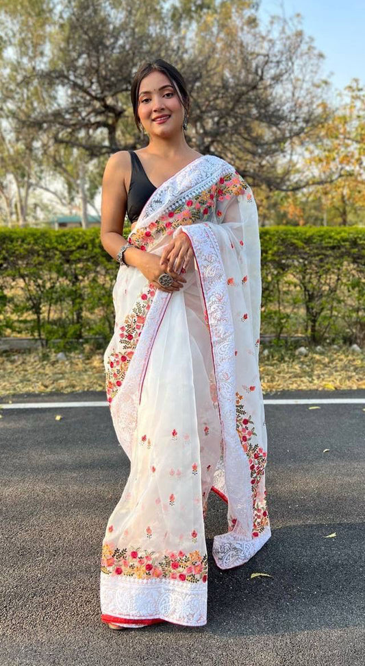 Appealing Soft Silk Thread Chikankari Work In Pallu Multiple Color Work Viscose Border Saree For Women