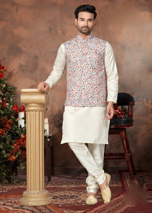 Stunning Multicolor Silk Kurta And Pajama Set With Digital Print And Sequins Work Jackets For Men