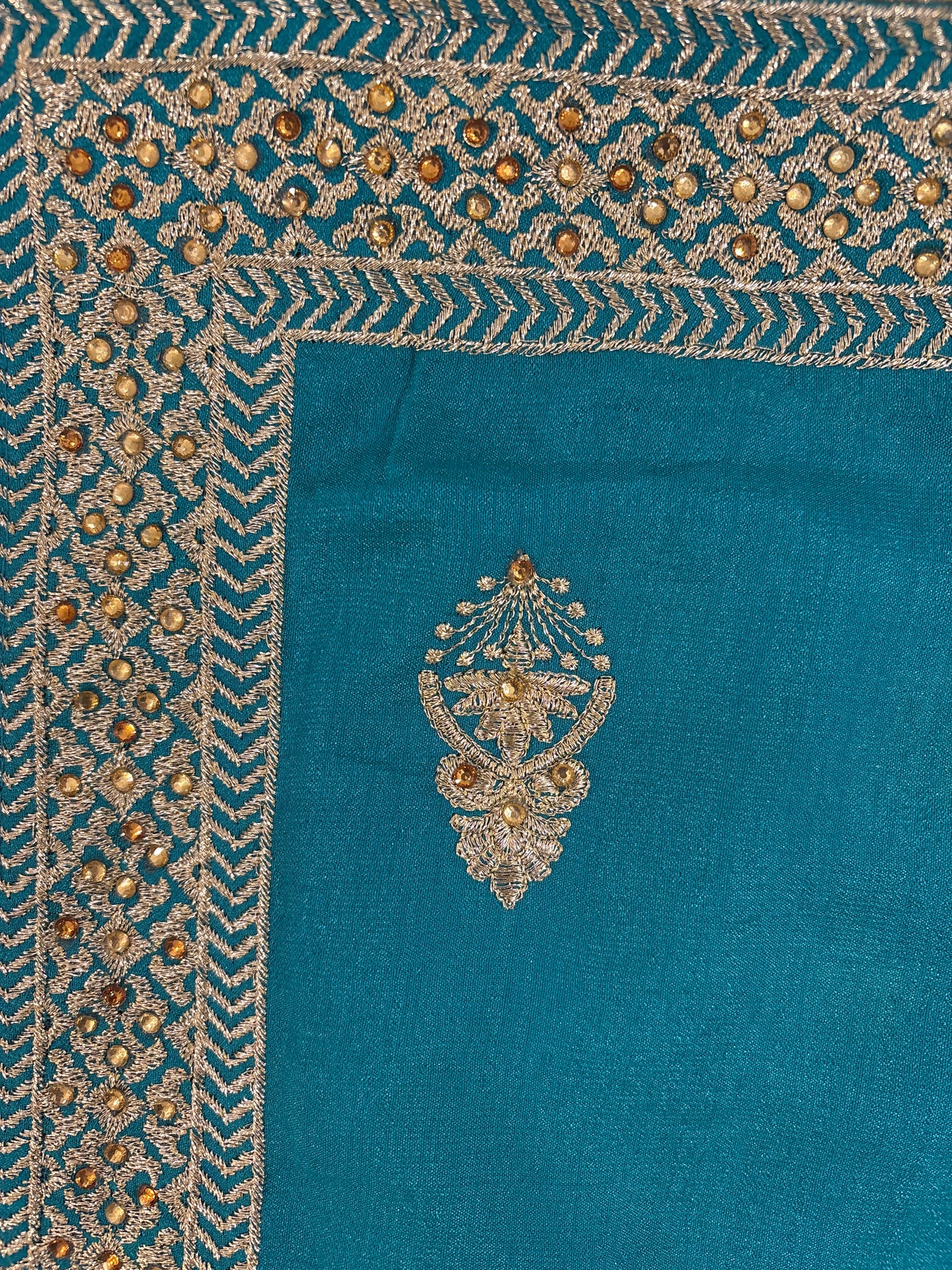 Fantastic Bright Teal Green Color Heavy Chinon Embroidered Work With Gold Stone Fancy Saree - PREMIUM QUALITY