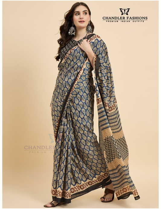 Gorgeous Blue And Sandal Color Cotton Saree With Printed Work For Women