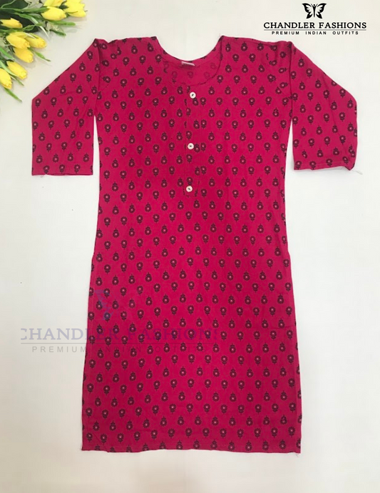 Charming Pink Color Rayon With Printed Work Kurti For Girls