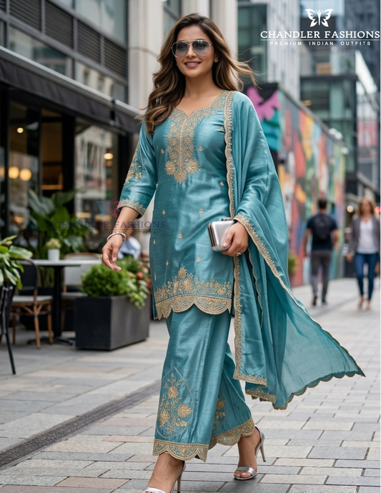 Wonderful Sky Blue Color Embroidery And Sequins Work Palazzo Suits For Women