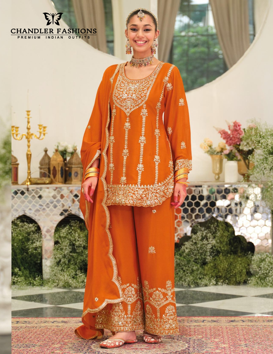 Amazing Orange Color Chinon With Embroidery Work Palazzo Suits And Dupatta