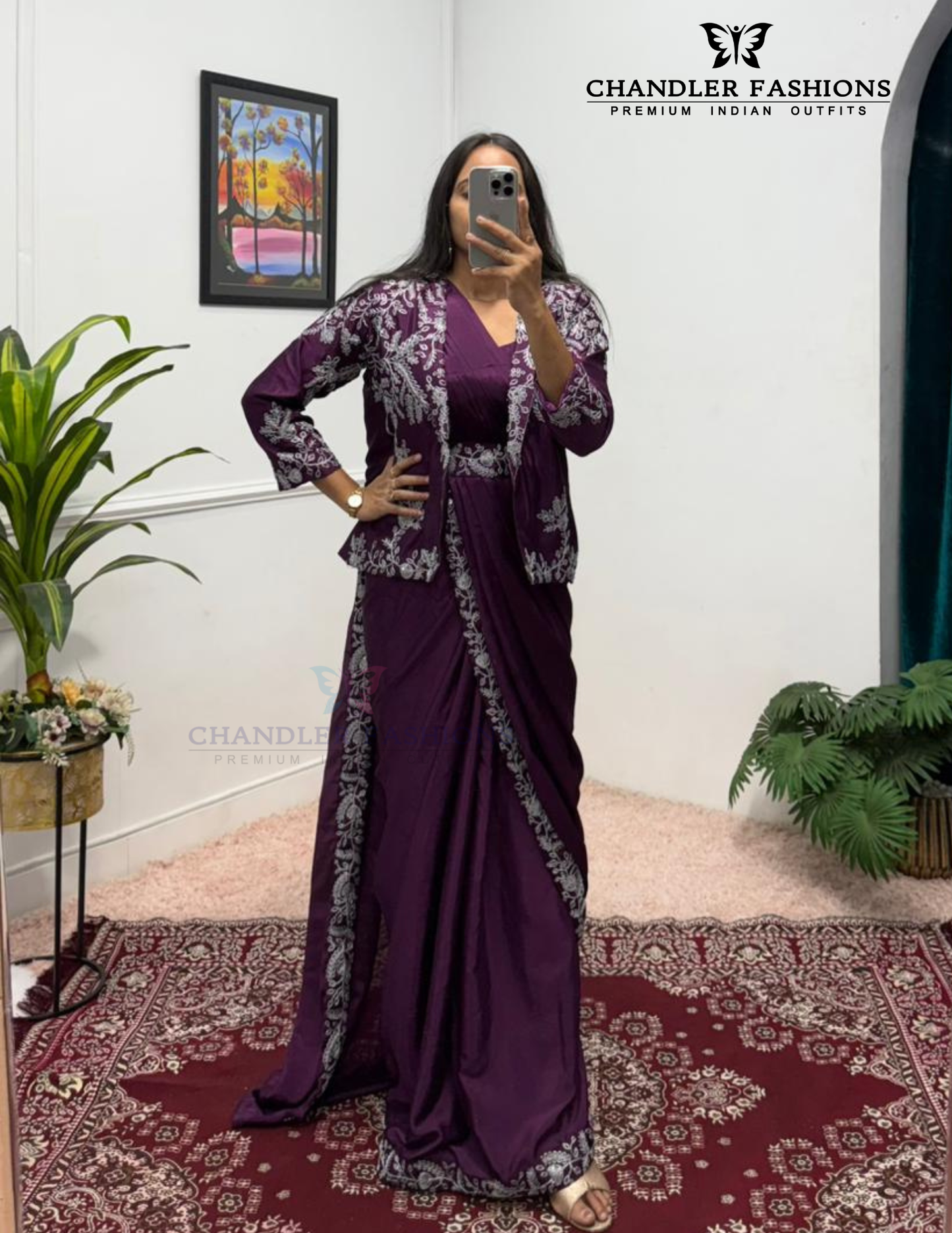 Amazing Wine Color Heavy Embroidery Work Ready To Wear Saree For Women