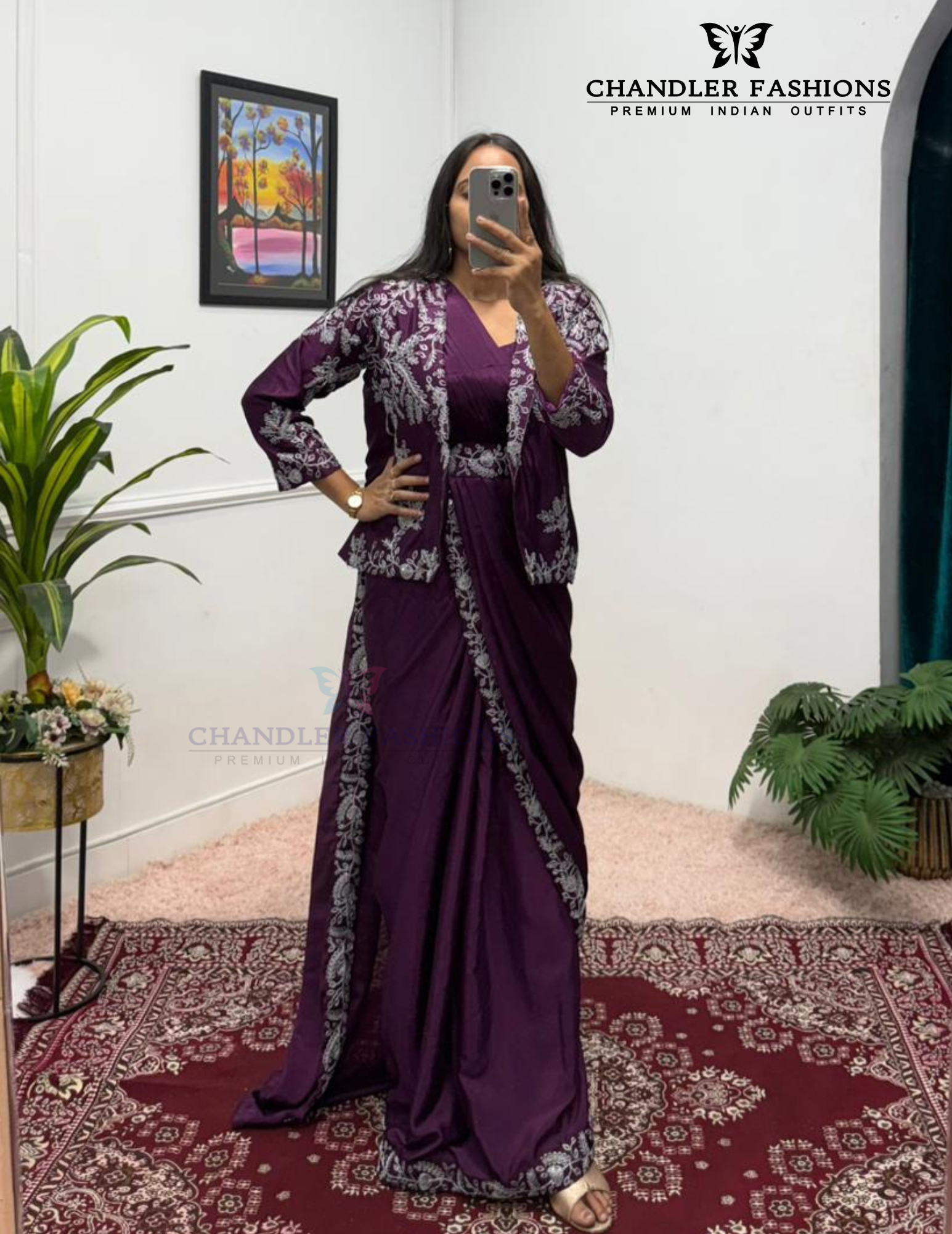 Amazing Wine Color Heavy Embroidery Work Ready To Wear Saree For Women