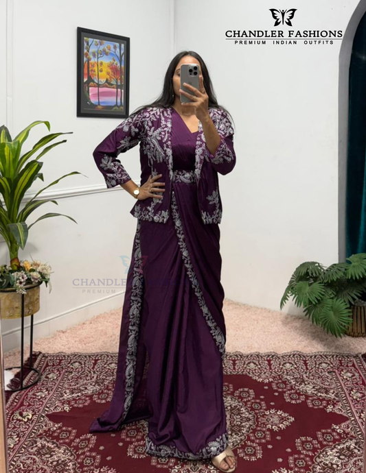 Amazing Wine Color Heavy Embroidery Work Ready To Wear Saree For Women