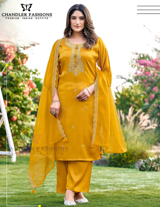 Impressive Yellow Color Silk With Embroidery Work Salwar Suits For Women