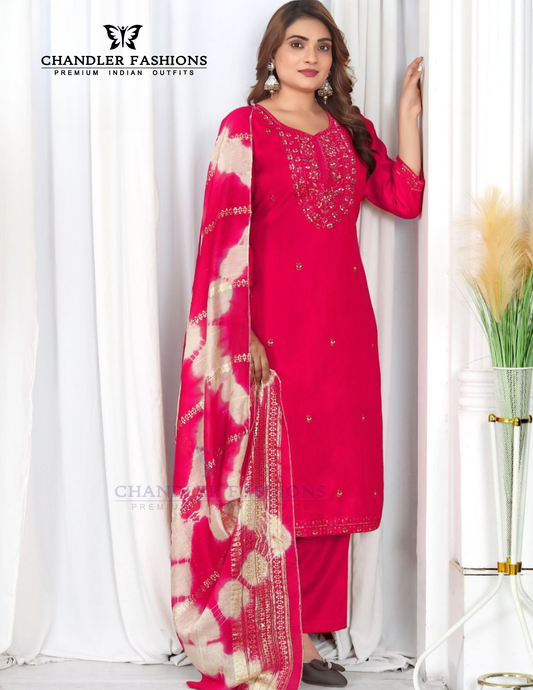 Attractive Pink Color Viscose With Embroidery Work Salwar Suits For Women