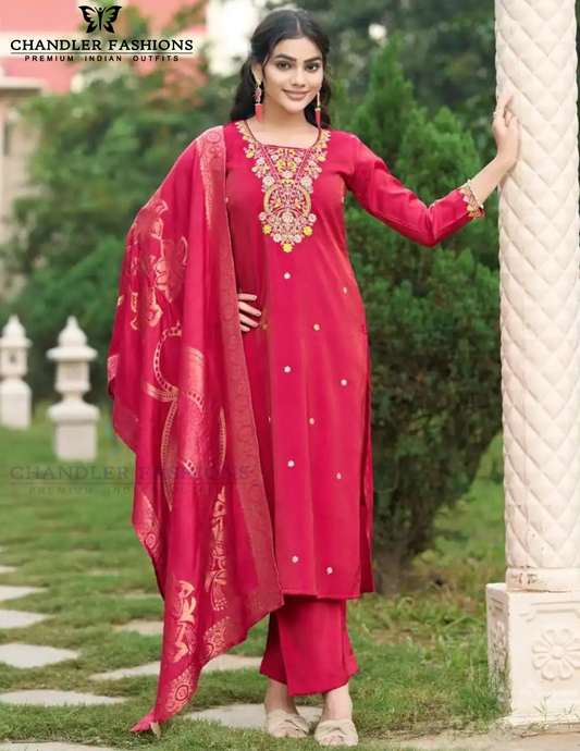 Wonderful Red Color Shimmer With Thread Work Salwar Suits For Women