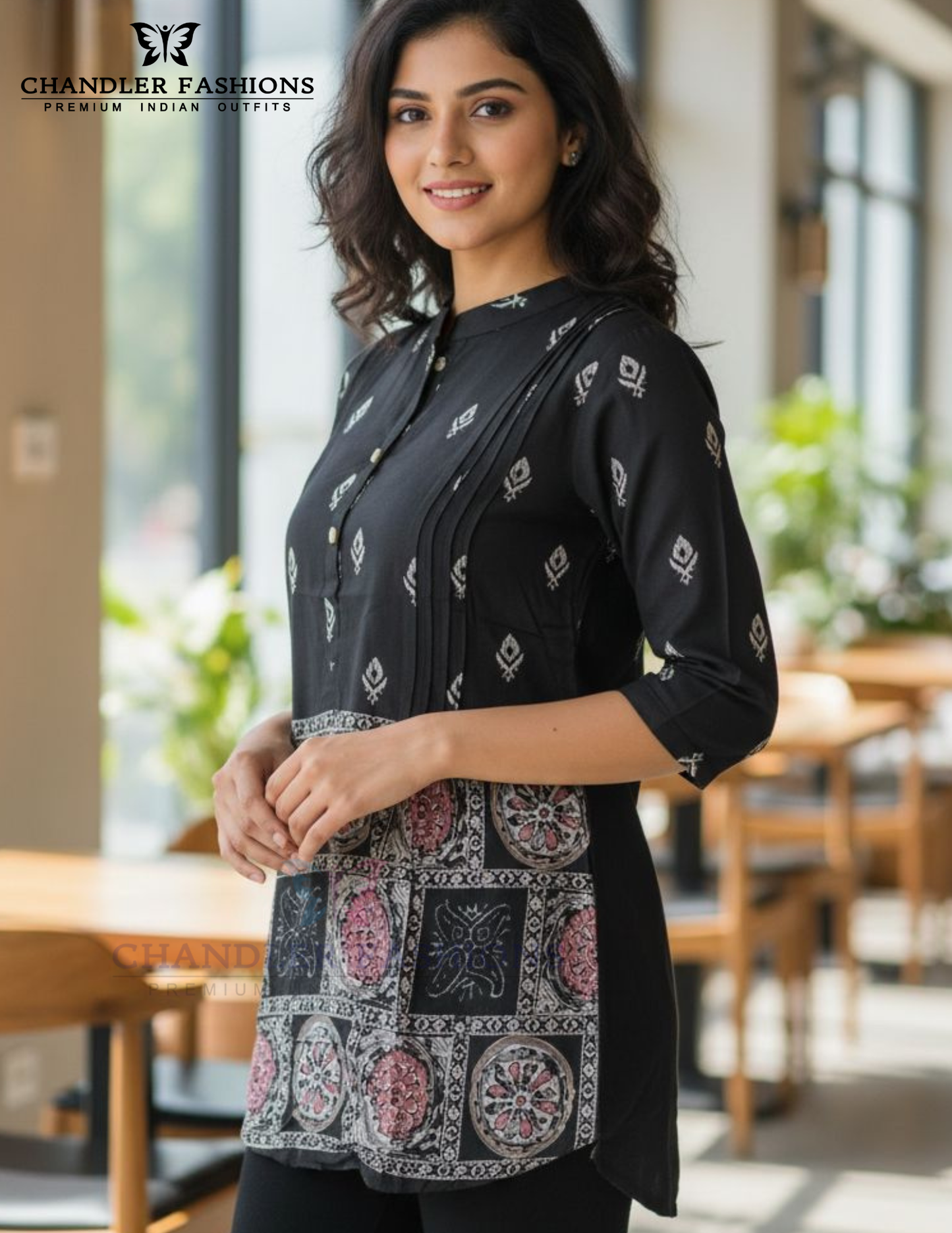 Attractive Black Color Rayon With Self Design Work Short Kurti For Women