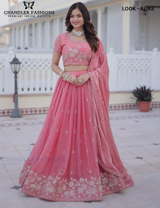 Gorgeous Light Pink Color Fendi Silk With Embroidery And Sequins Work Lehenga For Women