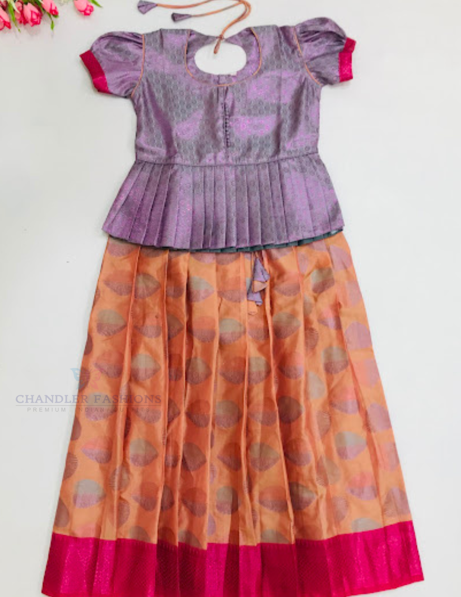 Alluring Light Purple And Peach Color Silk Langa sets With Zari Work For Girls