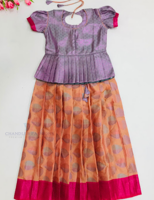 Alluring Light Purple And Peach Color Silk Langa sets With Zari Work For Girls
