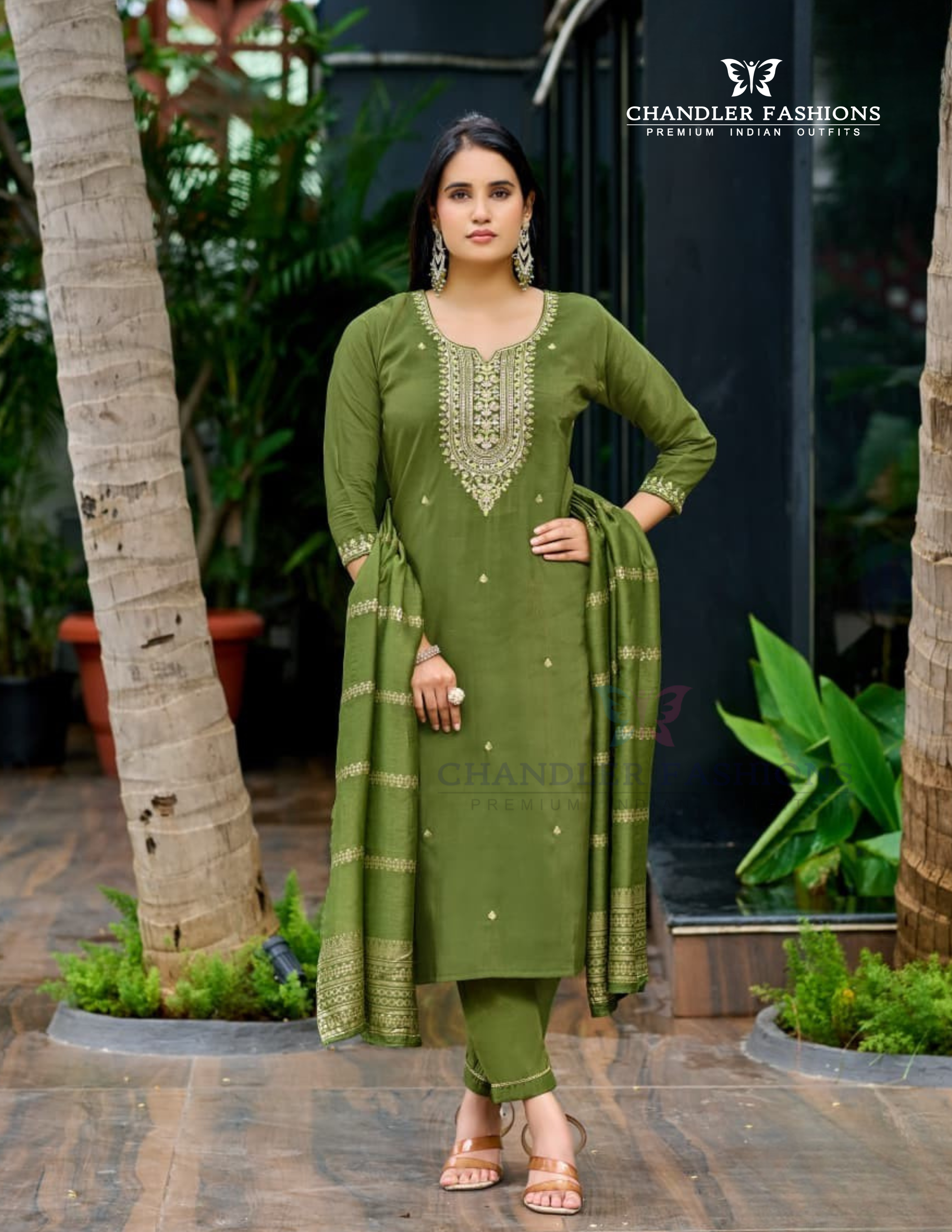 Pleasing Green Color Embroidery Work Salwar Suits With Dupatta Set For Women
