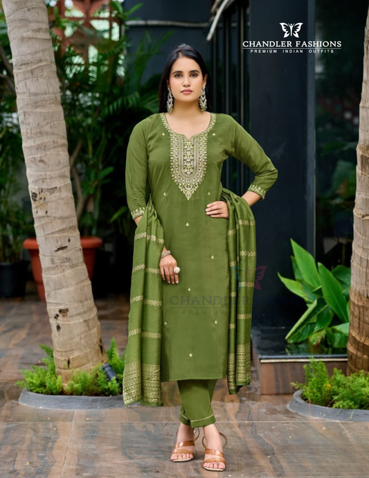 Pleasing Green Color Embroidery Work Salwar Suits With Dupatta Set For Women
