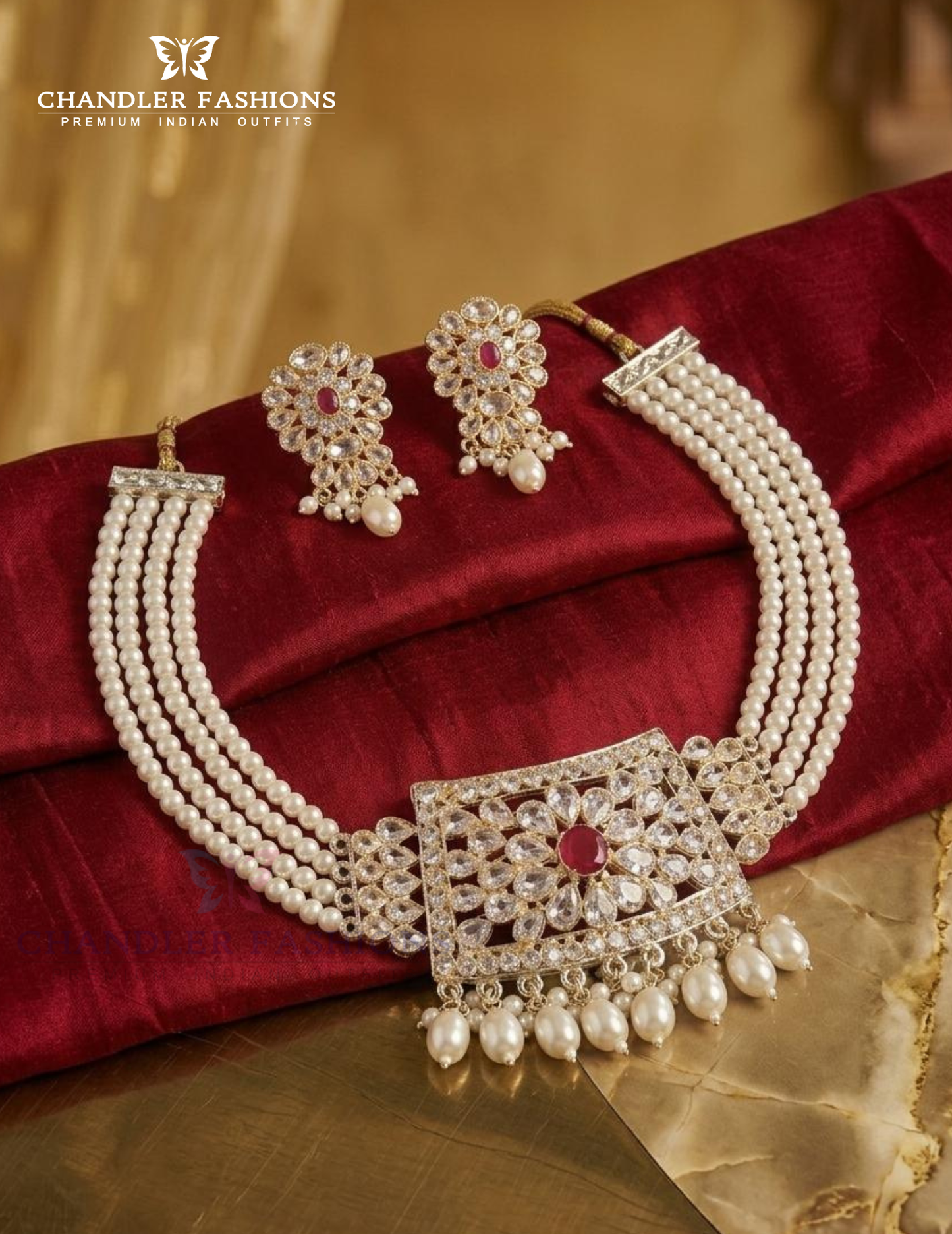 White And Red Color Stone Gold Plated Choker Near Me