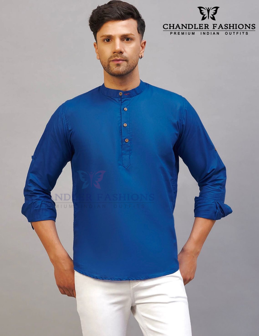 Attractive Blue Color Cotton Short Kurta For Men