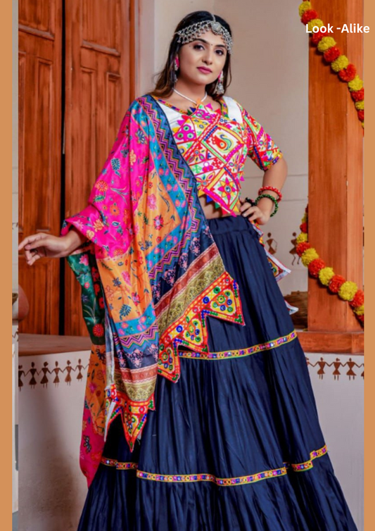 Delightful Blue Colored Rayon Ready Mirror Lace Work Chaniya Lehenga Choli With Dupatta Sets