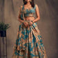 Beautiful Teal Blue Color Rose Printed Design and Golden Zari and Sequins Embroidered Lehengas With Dupatta Set