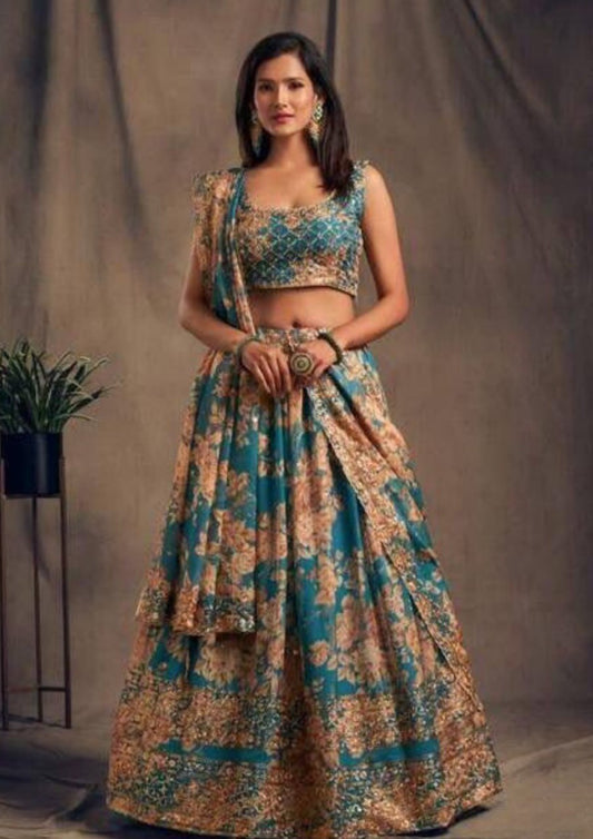 Beautiful Teal Blue Color Rose Printed Design and Golden Zari and Sequins Embroidered Lehengas With Dupatta Set