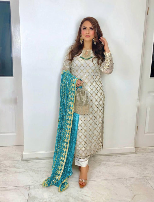 Dazzling White Color Fully Embroidery Work Salwar Suits And Sky Blue Dupatta Set