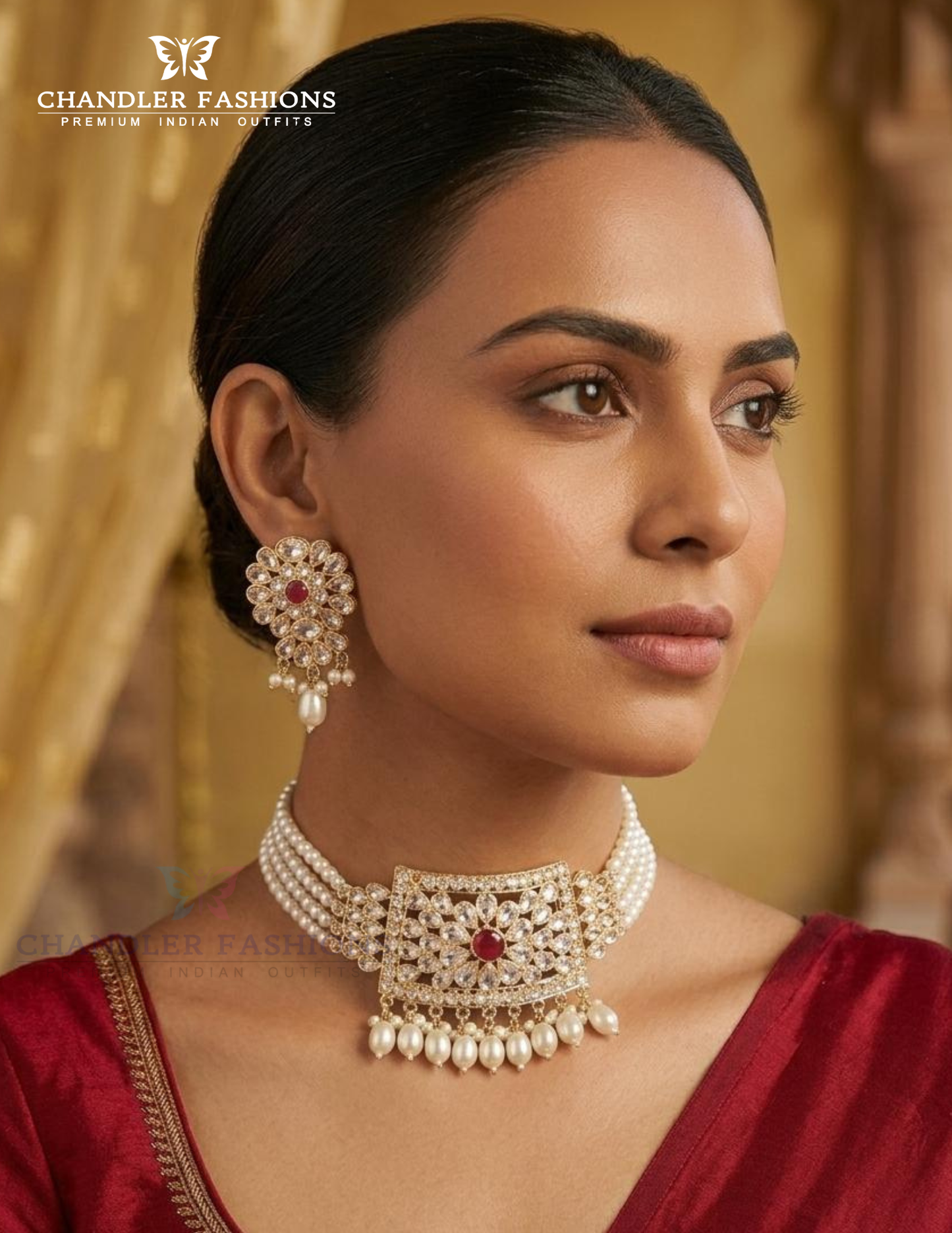Attractive White And Red Color Stone Gold Plated Choker With Earrings Set