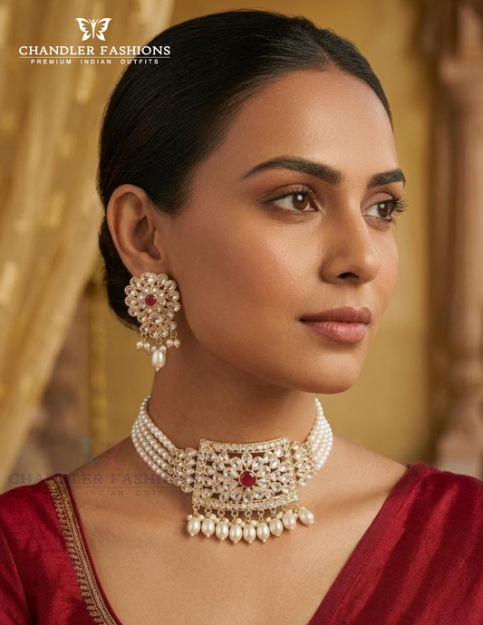 Attractive White And Red Color Stone Gold Plated Choker With Earrings Set