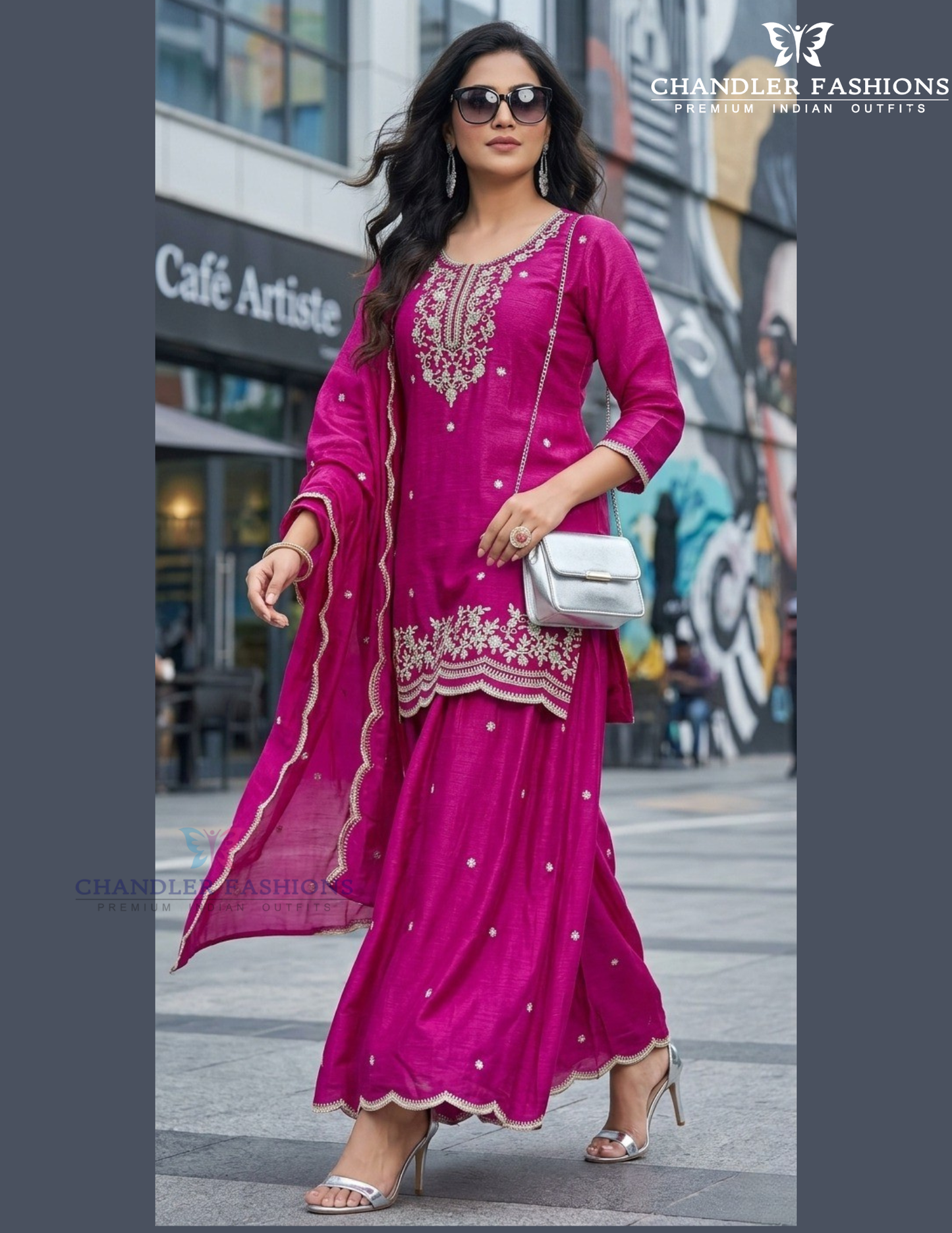 Wonderful Magenta Color Chinon Silk With Embroidery Work Palazzo Suits For Women