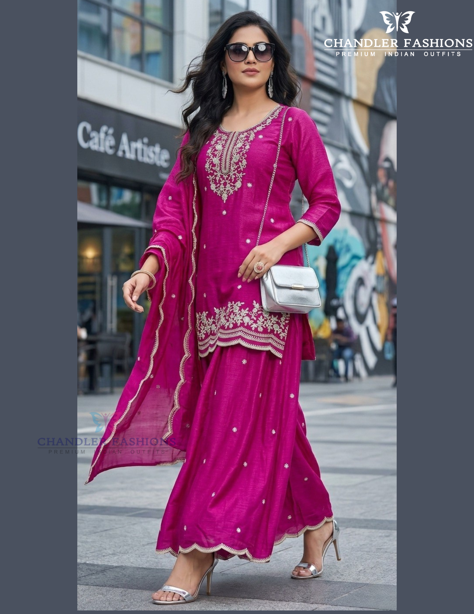 Wonderful Magenta Color Chinon Silk With Embroidery Work Palazzo Suits For Women
