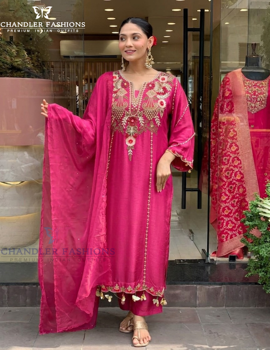 Gorgeous Pink Color Chanderi With  Embroidery Work Salwar Suits With Dupatta