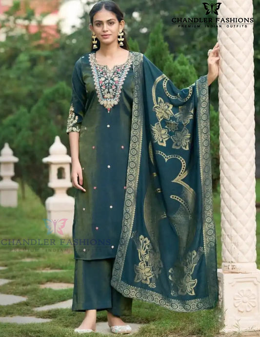 Alluring Teal Green Color Shimmer With Thread Work Salwar Suits For Women