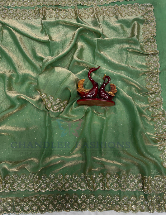 Fabulous Green Color Space Silk With Jarkhan Diamond Work Saree For Women