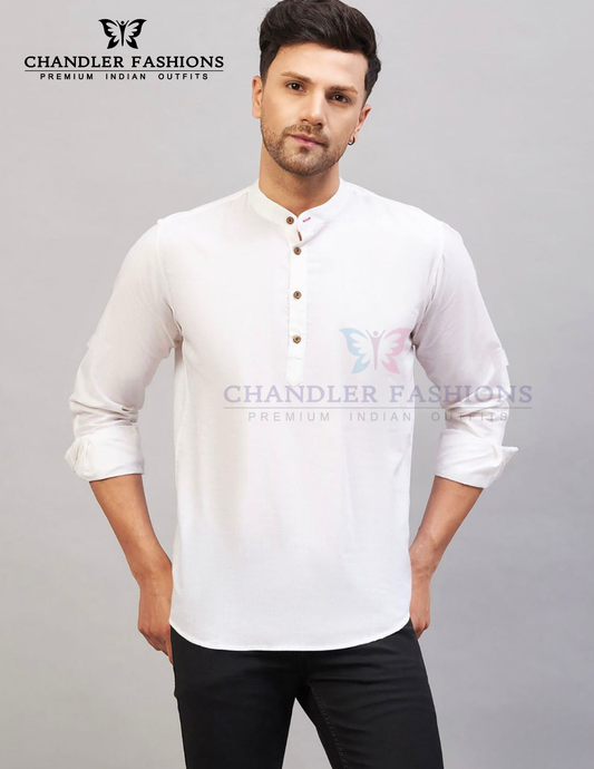 Charming White Color Cotton Short Kurta For Men