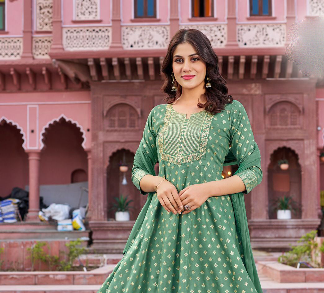 Alluring Green Color Rayon Neck Embroidery Work Salwar Suits With Dupatta For Women Near Me
