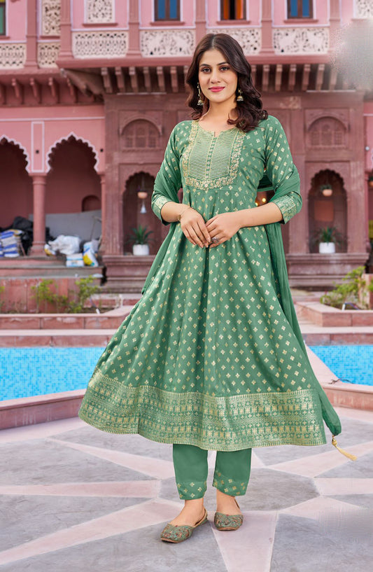 Alluring Green Color Rayon Neck Embroidery Work Salwar Suits With Dupatta For Women