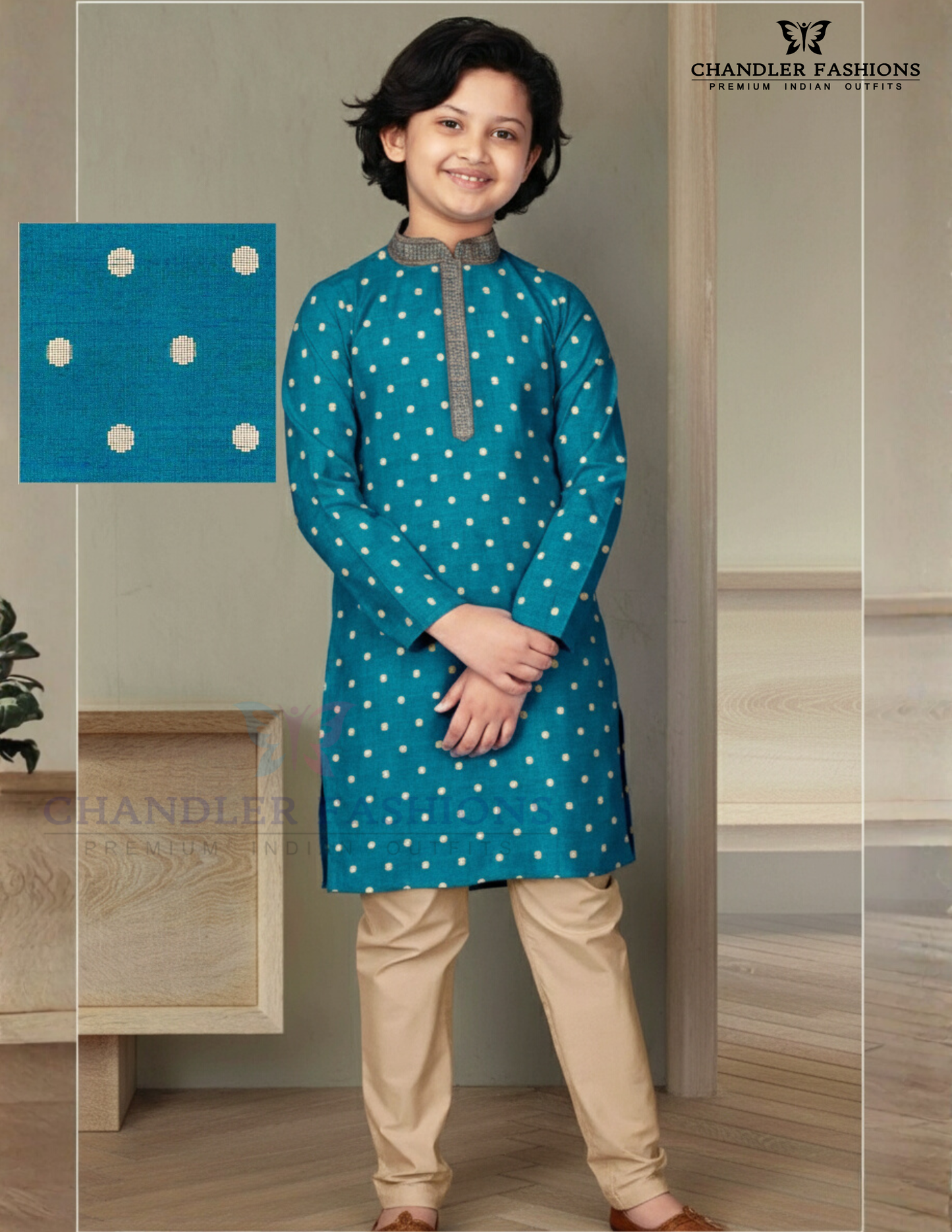 Attractive Teal Blue Color Poly Jacquard Boys Kurta With Pajama Set
