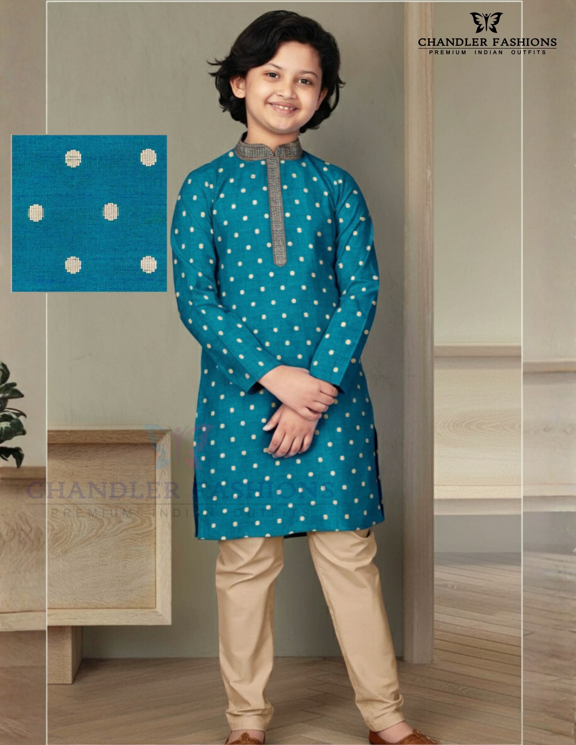 Attractive Teal Blue Color Poly Jacquard Boys Kurta With Pajama Set