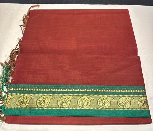 Elite Brown Color Kanchi Cotton With Green Color Border With Gold Zari Work Saree For Women
