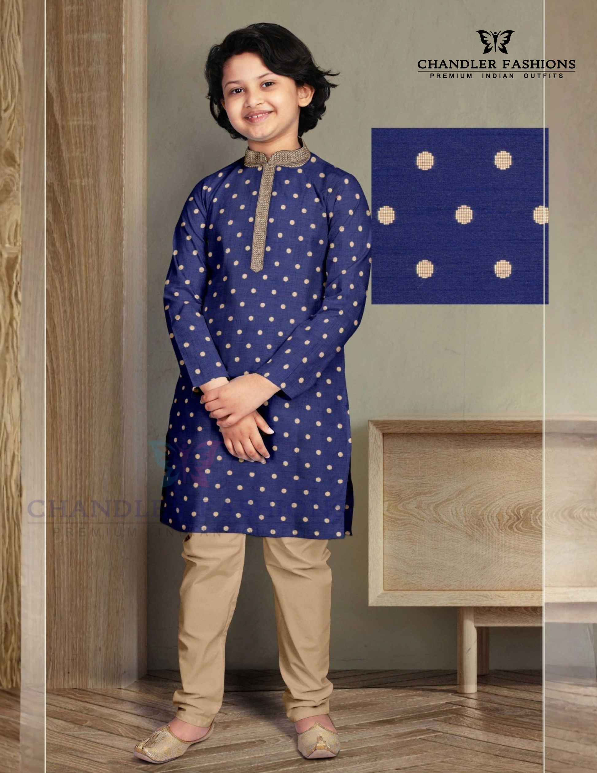 Stunning Navy Blue Color Poly Jacquard Boys Kurta With Pajama Set