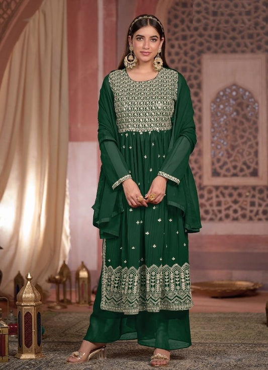 Green Blooming Georgette Embroidered Designer Palazzo Suits For Women