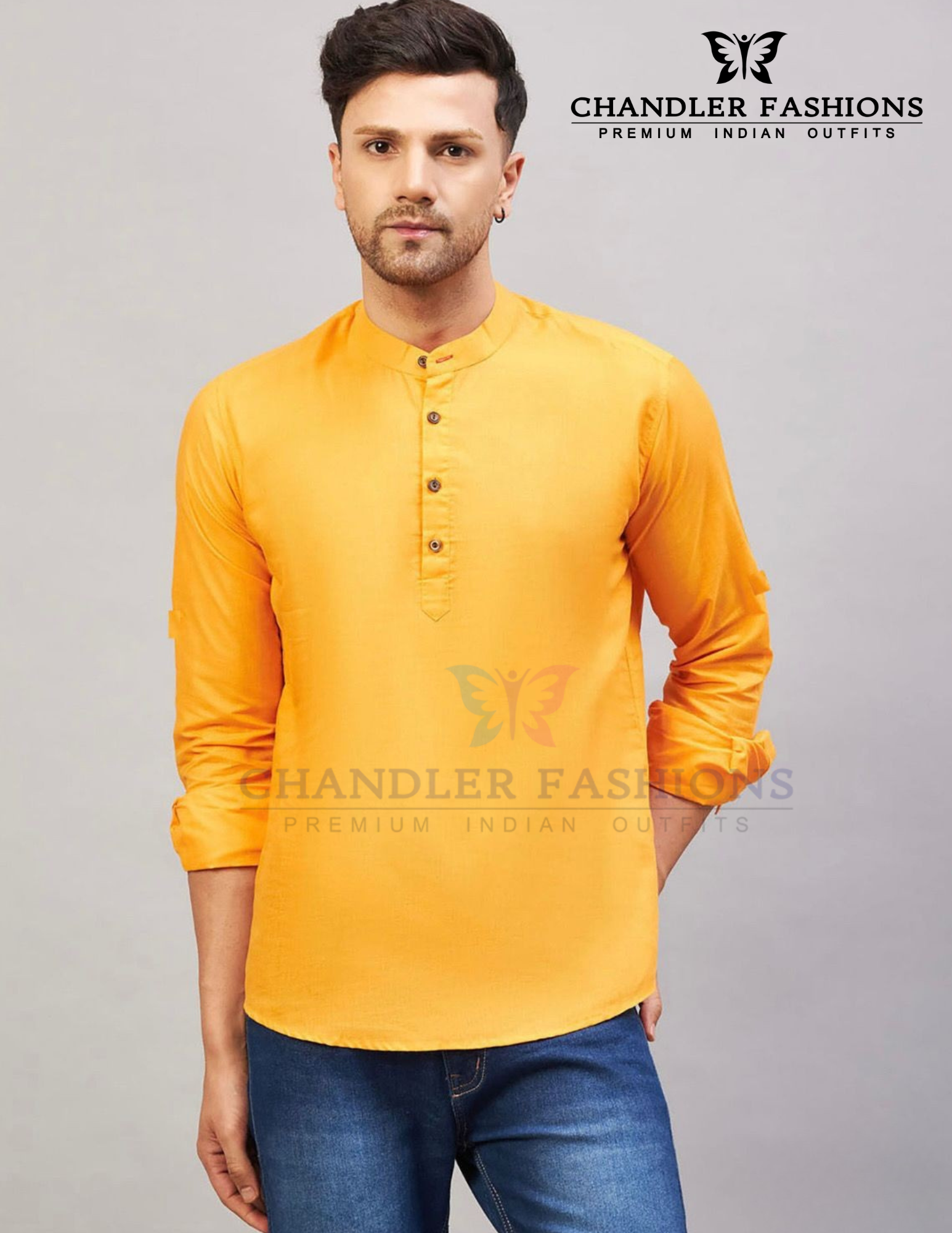 Beautiful Mustard Yellow Color Cotton Short Kurta For Men