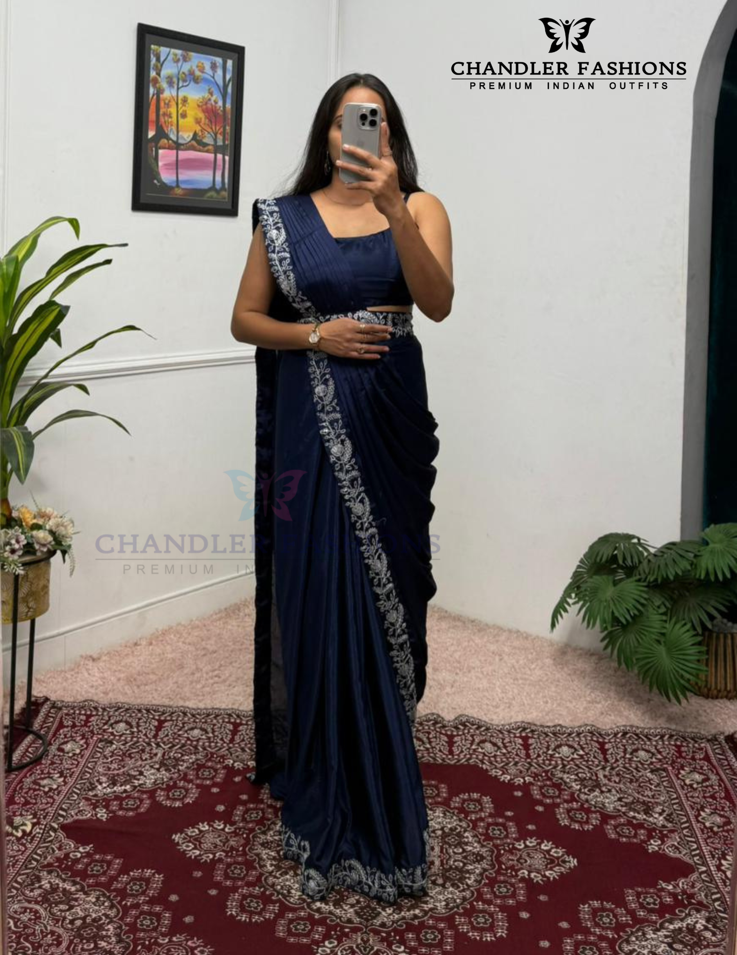 Navy Blue Color Heavy Embroidery Work Ready To Wear Saree Near Me