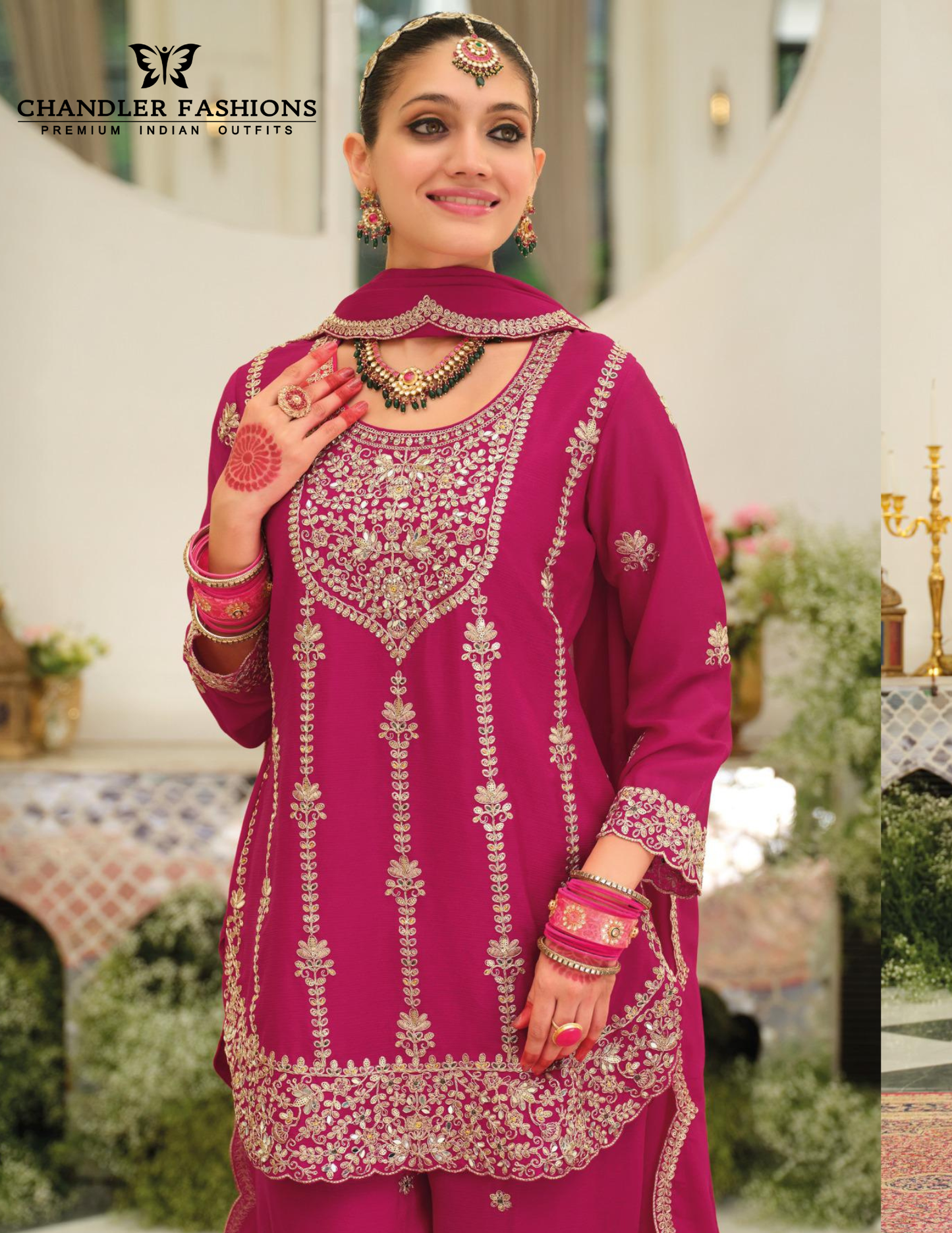 Pink Color Chinon With Embroidery Work Palazzo Suits And Dupatta In USA