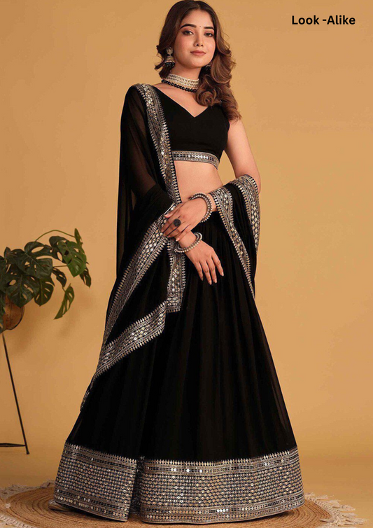 Attractive Black Color Faux Blooming With Sequins Embroidery Work Lehenga With Dupatta